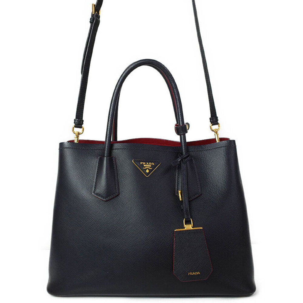 Prada Saffiano Cuir Leather Double 2way Shoulder Bag Black